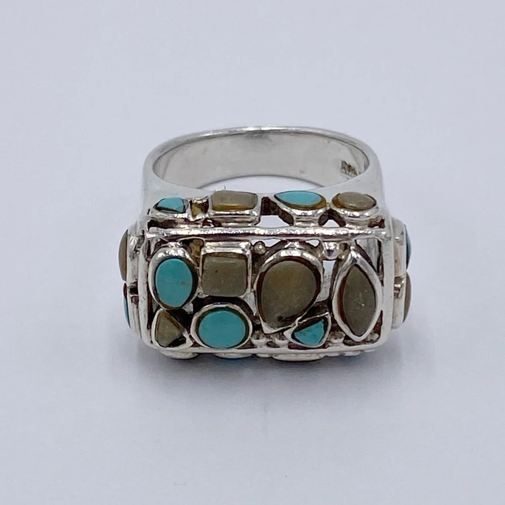 Vintage Turquoise and Cream Cluster Silver Ring